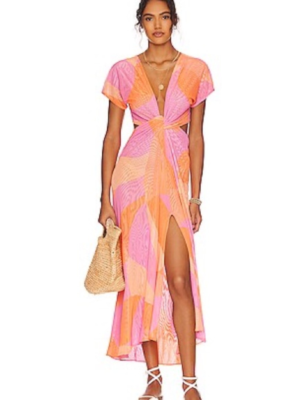 Asymmetrical Orange & Pink Twist-Front Maxi Dress ( NWOT)